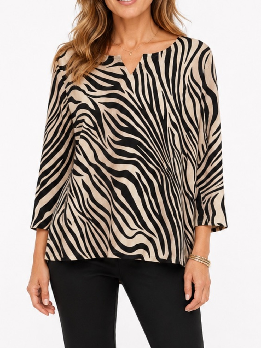 George XL Zebra Print Silk Blend Top 3/4 Sleeve Animal Print Blouse